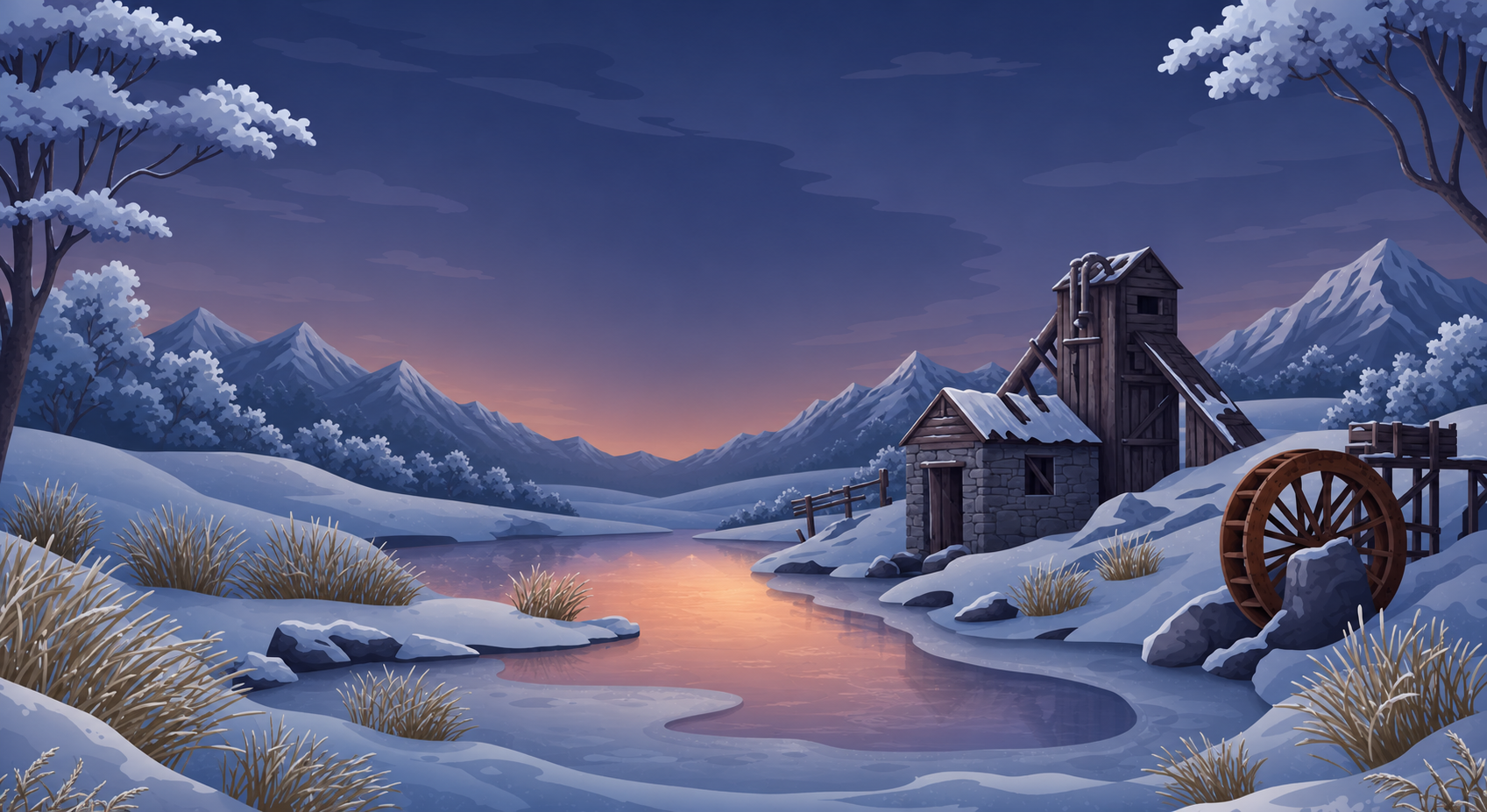 Snow-covered Otago gold-mining landscape at dawn